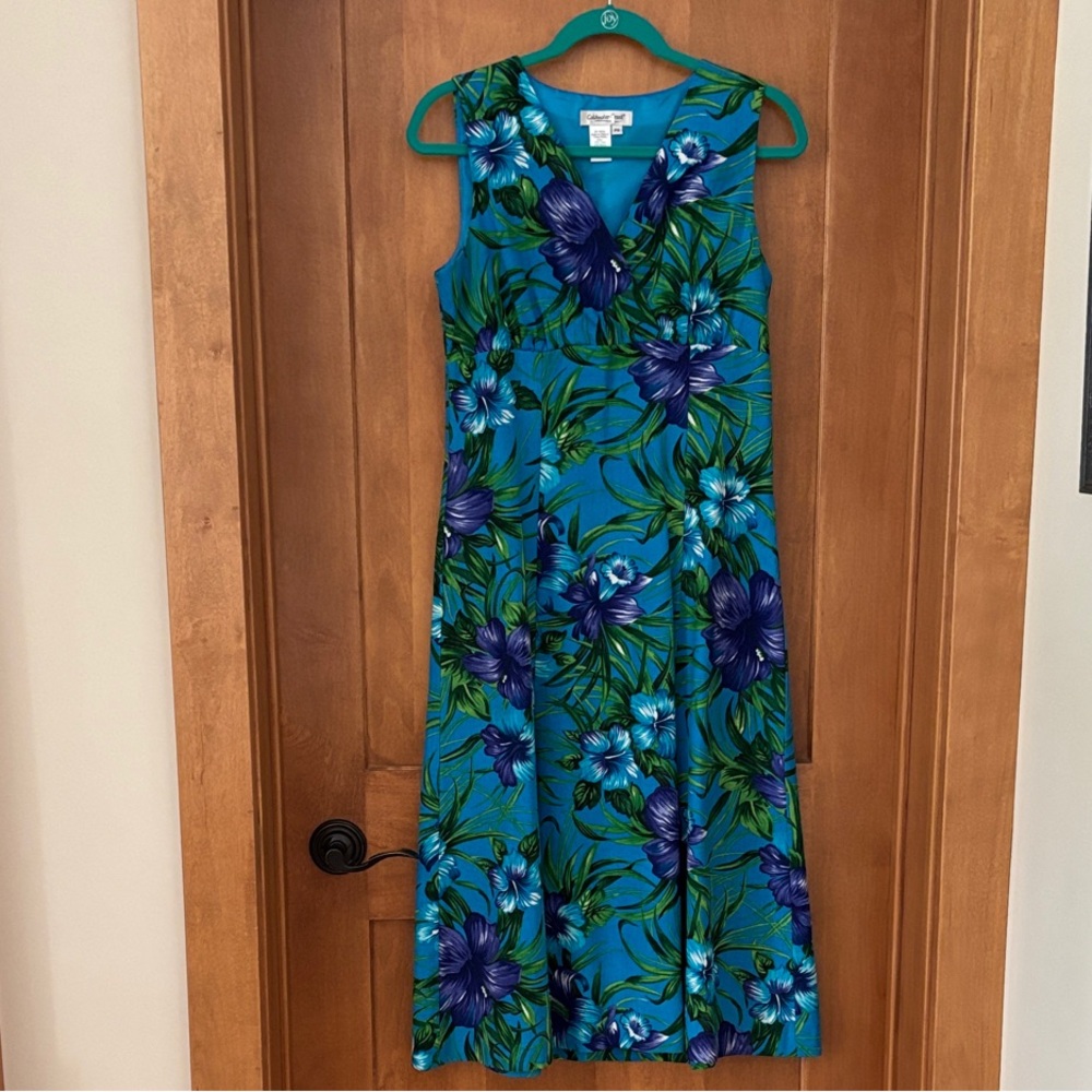 Coldwater Creek Blue and Green Floral Midi Dress